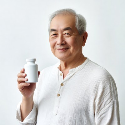 Asian senior man holding supplement bottle