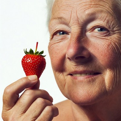 Elderly woman holding strawberry