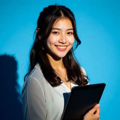 Asian woman holding tablet smiling
