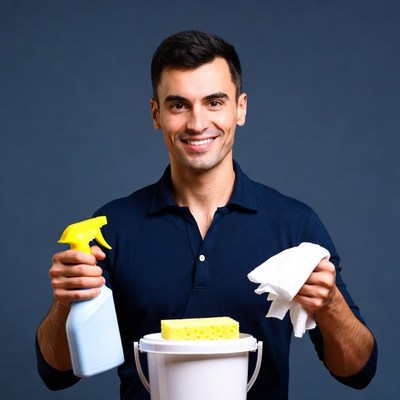 Man holding cleaning spray and sponge