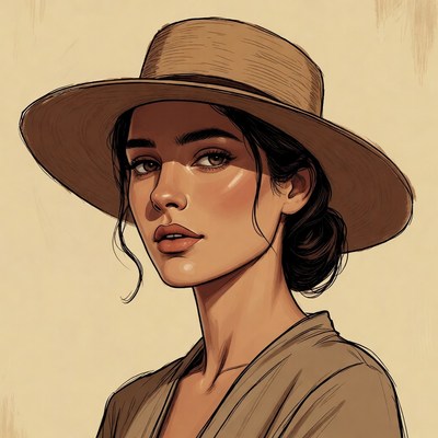 Woman wearing wide-brim straw hat