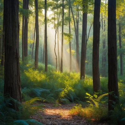 Sunlit Forest Path with Tall Trees