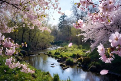 Cherry Blossoms Over Forest River