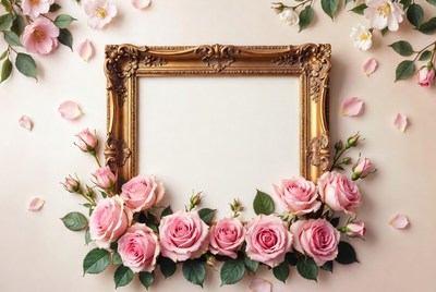 Empty Gold Frame with Pink Roses