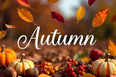 Autumn Text with Falling Leaves Pumpkins