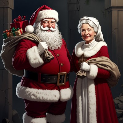 Santa Claus and Mrs. Claus with gifts