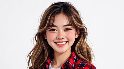 Smiling Asian girl in plaid shirt