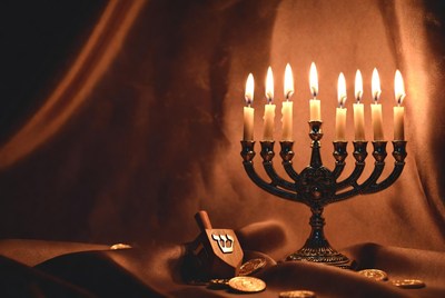 Lit Hanukkah Menorah with Dreidel