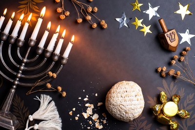 Hanukkah Menorah with Challah and Dreidel