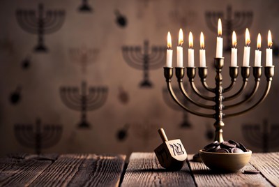 Hanukkah Menorah with Dreidel and Chocolate