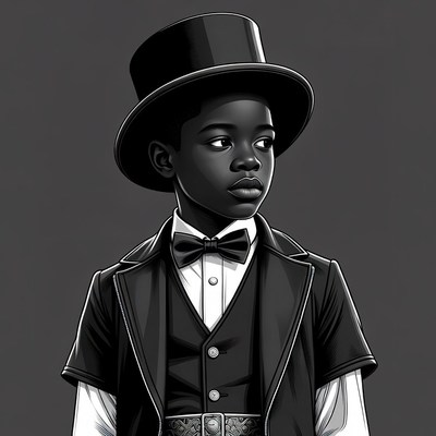 Young Black boy in top hat and tuxedo