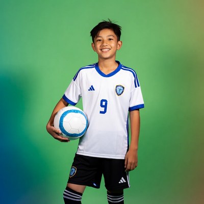 Asian boy in soccer uniform holding ball