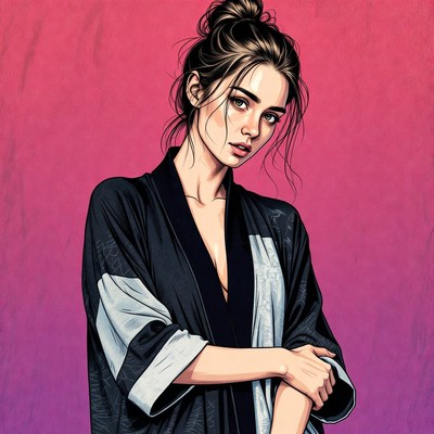 Woman in black kimono on pink background