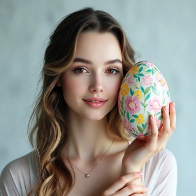 Woman holding large floral Easter egg