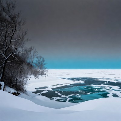 Frozen Lake with Snowy Trees