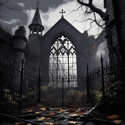 Gothic Church in Foggy Cemetery