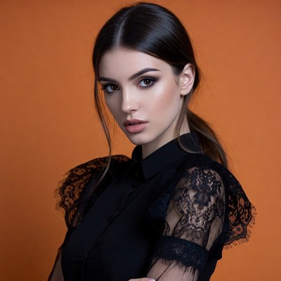 Woman in black lace blouse on orange background