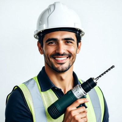 Smiling construction worker holding drill