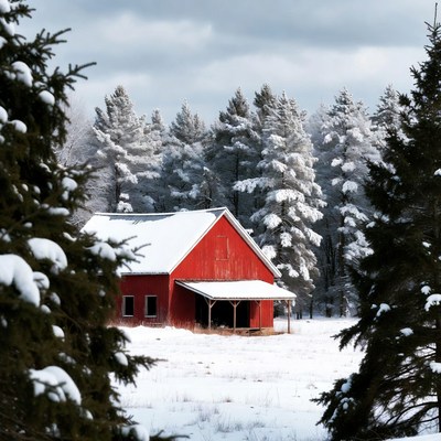 Red Barn in Snowy Pine Forest