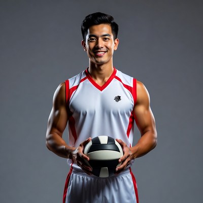 Asian man holding volleyball