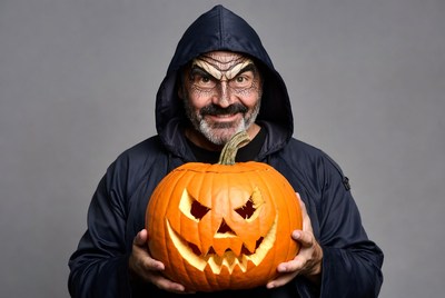 Man in witch costume holding jack-o-lantern