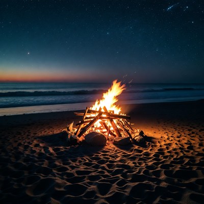 Beach Bonfire Under Starry Sky