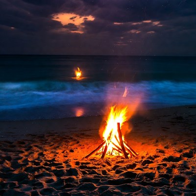 Beach Bonfire at Night