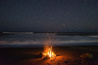 Campfire on Beach Under Starry Sky