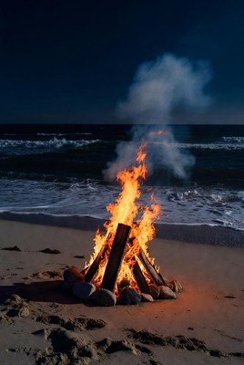 Beach Bonfire at Night
