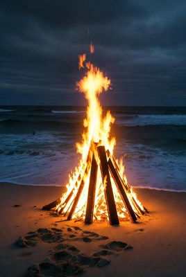 Bonfire on Beach at Night