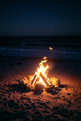 Bonfire on Beach at Night
