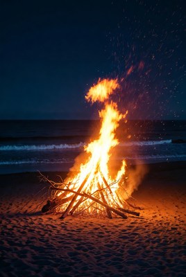 Beach Bonfire at Night