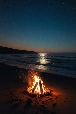 Beach Bonfire Under Starry Night Sky