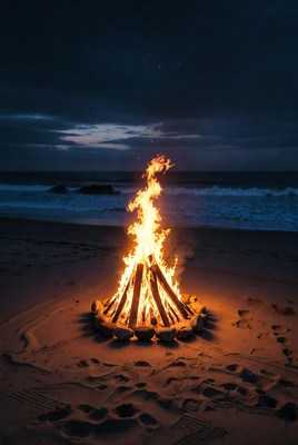 Beach Bonfire at Night