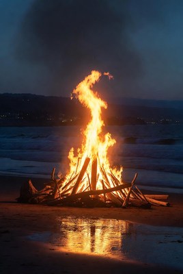 Bonfire on Beach at Night