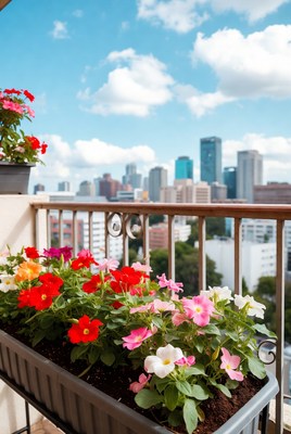Colorful Flowers on Balcony Overlooking City Skyline