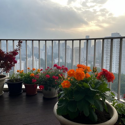 Potted Flowers on Balcony Overlooking City Skyline