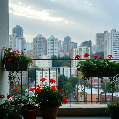 Red Geraniums on Balcony Overlooking City