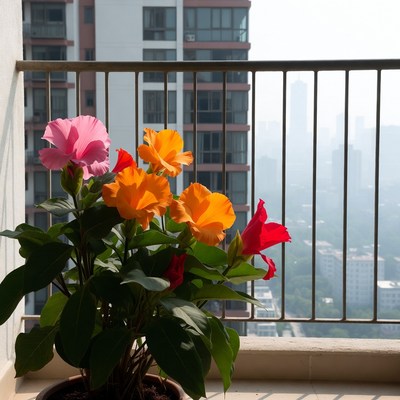 Hibiscus Plant on Balcony with City View