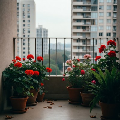 Red Geraniums on Balcony Overlooking City