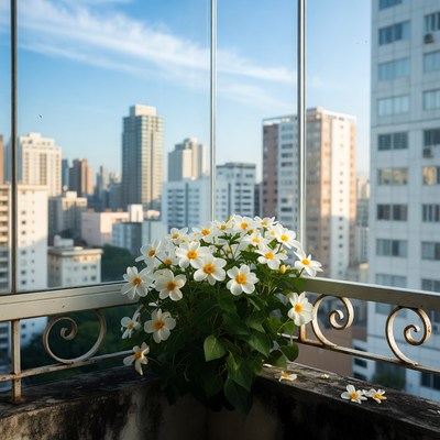 White Daisies on Balcony with City Skyline