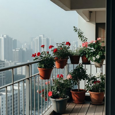 Balcony with red flowers overlooking city skyline