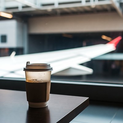 Coffee cup with airplane view