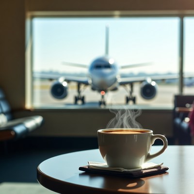 Coffee cup with airplane view