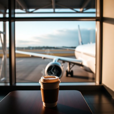 Coffee cup by airport window