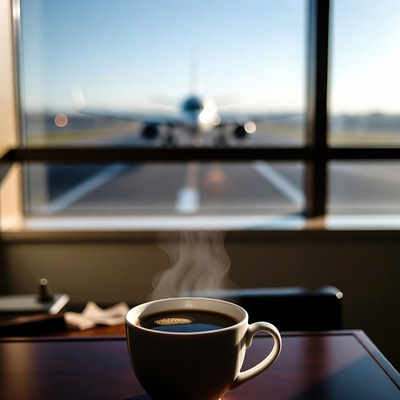 Coffee cup with airplane runway view