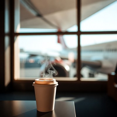 Coffee cup at airport window