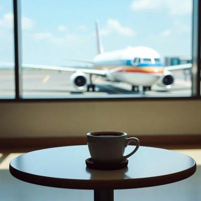 Coffee cup with airplane view