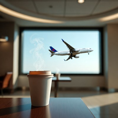 Coffee cup with airplane window view