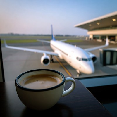 Coffee cup with airplane runway view